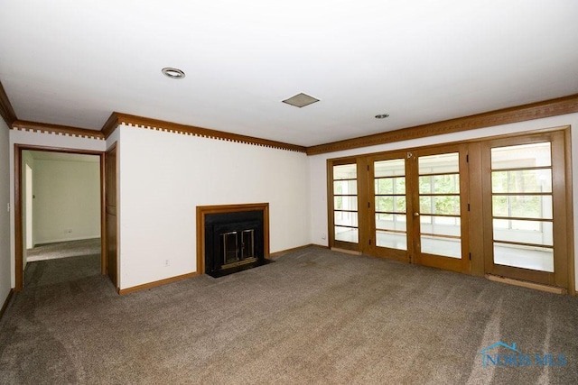 4906 Pine Ridge Rd, Toledo, OH 43615 - unfurnished living room with carpet flooring, a fireplace with flush hearth, and ornamental molding