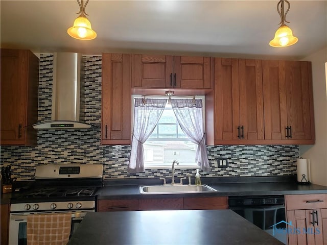 254 Fremont St, Elmore, OH 43416 - kitchen featuring wall chimney exhaust hood, stainless steel gas range oven, dark countertops, black dishwasher, and decorative backsplash