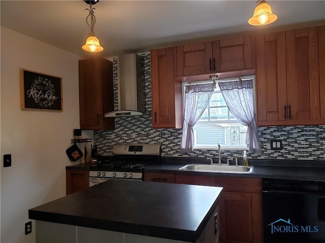 254 Fremont St, Elmore, OH 43416 - kitchen with wall chimney range hood, black dishwasher, stainless steel gas range oven, dark countertops, and tasteful backsplash
