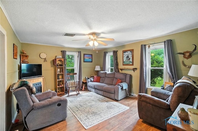 5660 Rd 180, Antwerp, OH 45813 - living area featuring a textured ceiling, a ceiling fan, wood finished floors, and ornamental molding