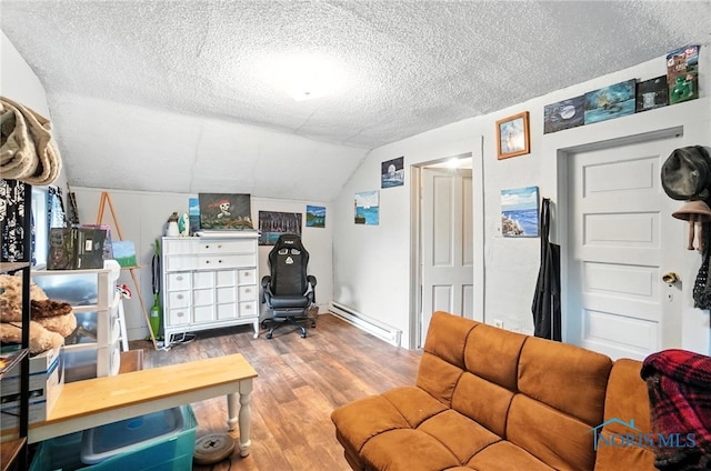 5660 Rd 180, Antwerp, OH 45813 - home office featuring a textured ceiling, wood finished floors, vaulted ceiling, and baseboard heating