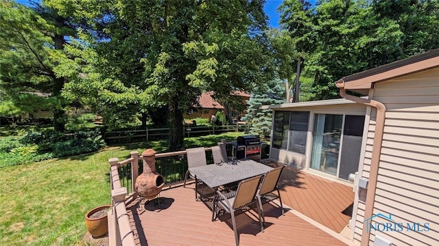 2359 Cheshire Woods Rd, Toledo, OH 43617 - wooden deck with outdoor dining area, area for grilling, a sunroom, and view of wooded area