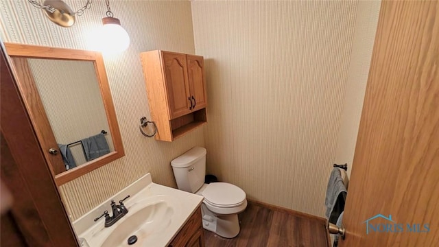 2359 Cheshire Woods Rd, Toledo, OH 43617 - half bathroom with wallpapered walls, wood finished floors, and vanity
