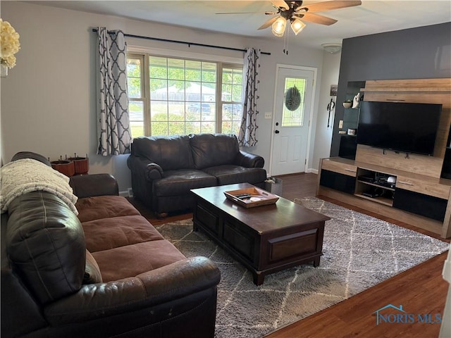 1819 Queenswood Dr, Findlay, OH 45840 - living room featuring ceiling fan and dark wood-style floors