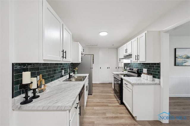 3129 Elmview Dr, Toledo, OH 43613 - kitchen featuring electric range, decorative backsplash, under cabinet range hood, white cabinetry, and light wood-style floors