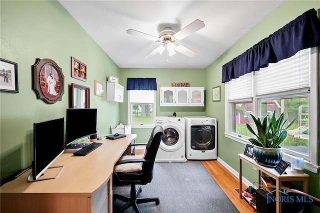 229 Hawthorn Dr, Archbold, OH 43502 - office with washing machine and dryer, a ceiling fan, and light wood-style floors