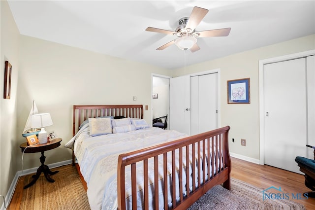 229 Hawthorn Dr, Archbold, OH 43502 - bedroom featuring two closets, wood finished floors, and a ceiling fan