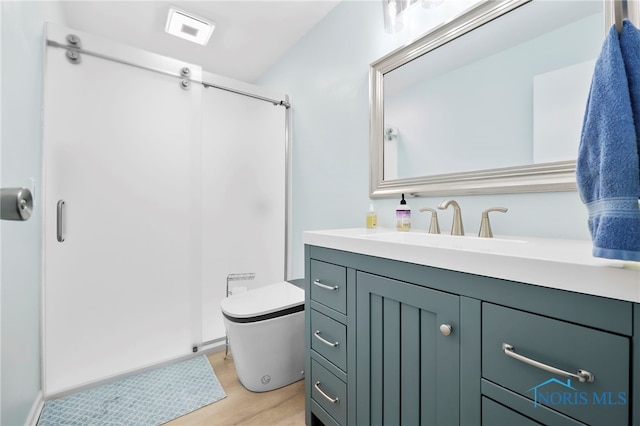 229 Hawthorn Dr, Archbold, OH 43502 - bathroom featuring vanity, wood finished floors, and a shower