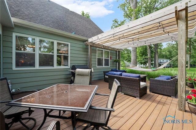 229 Hawthorn Dr, Archbold, OH 43502 - wooden deck featuring outdoor dining space, outdoor lounge area, area for grilling, and a pergola