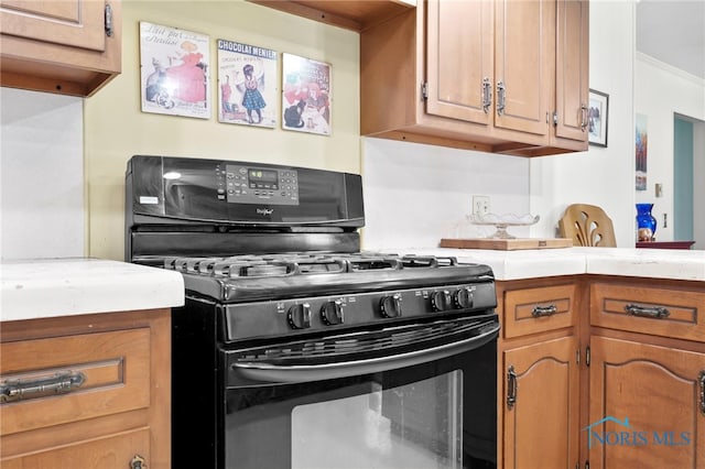 229 Hawthorn Dr, Archbold, OH 43502 - kitchen with black gas range oven, light countertops, and brown cabinetry