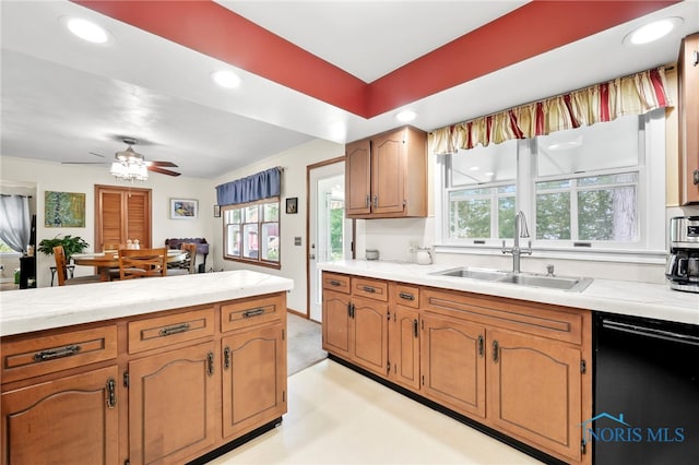 229 Hawthorn Dr, Archbold, OH 43502 - kitchen featuring dishwasher, light countertops, recessed lighting, brown cabinets, and a ceiling fan