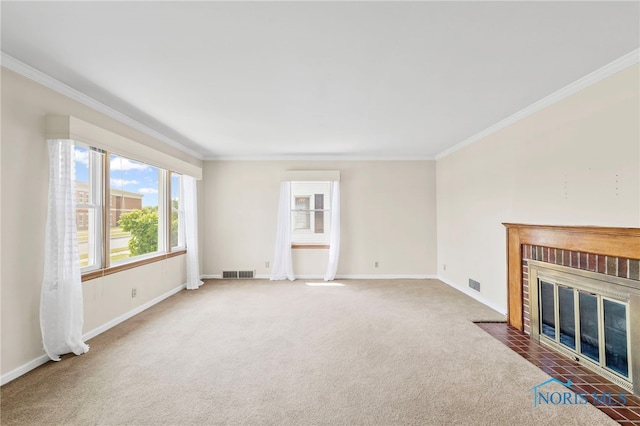 212 18th St, Findlay, OH 45840 - unfurnished living room featuring crown molding, a fireplace, and carpet floors