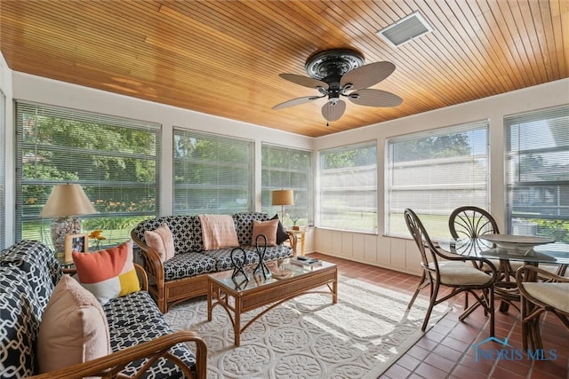 3468 Hughes Blvd, Toledo, OH 43606 - sunroom / solarium with wood ceiling, tile patterned floors, ceiling fan, and outdoor lounge area