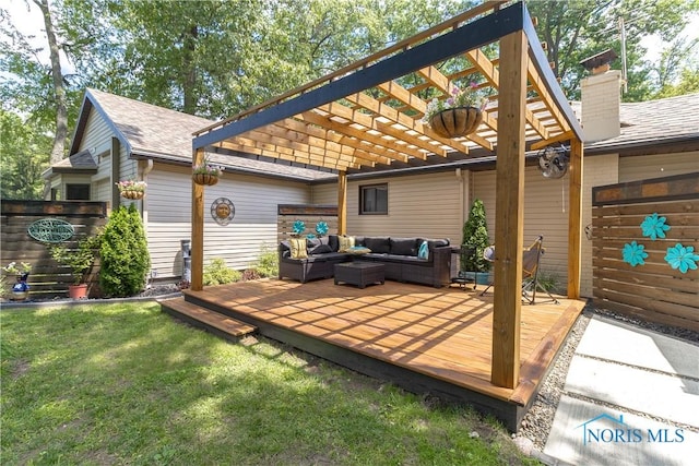 8411 Larch Rd, Toledo, OH 43617 - deck with outdoor lounge area, a pergola, a yard, and a garage