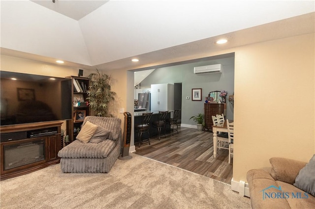 8411 Larch Rd, Toledo, OH 43617 - carpeted living area with a wall mounted AC, lofted ceiling, recessed lighting, wood finished floors, and a baseboard radiator