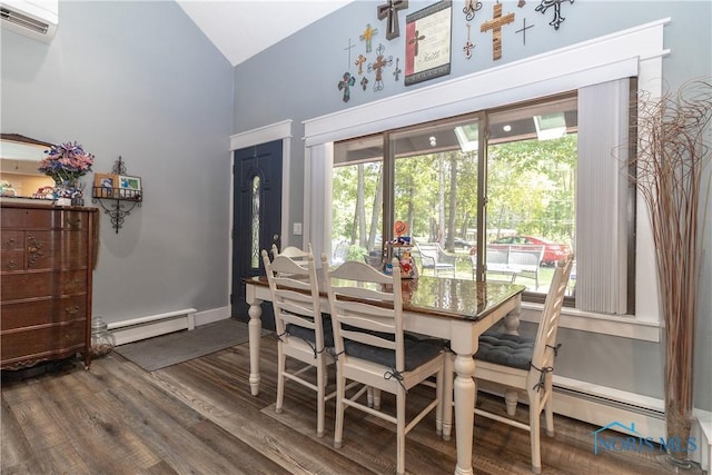 8411 Larch Rd, Toledo, OH 43617 - dining room featuring an AC wall unit, wood finished floors, a baseboard radiator, and high vaulted ceiling
