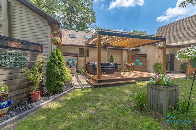 8411 Larch Rd, Toledo, OH 43617 - rear view of house with a pergola, a wooden deck, outdoor lounge area, and a yard