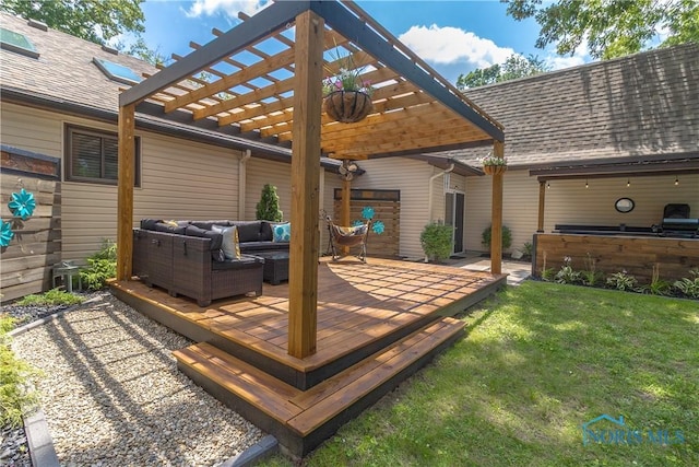 8411 Larch Rd, Toledo, OH 43617 - deck with an outdoor living space, a pergola, and a yard