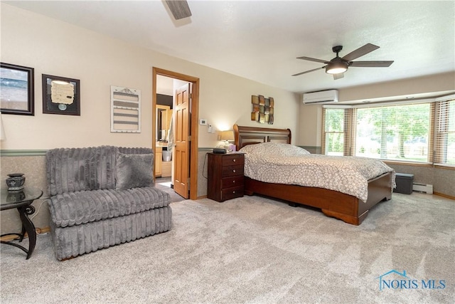8411 Larch Rd, Toledo, OH 43617 - bedroom featuring a wall unit AC, carpet flooring, baseboard heating, and a ceiling fan