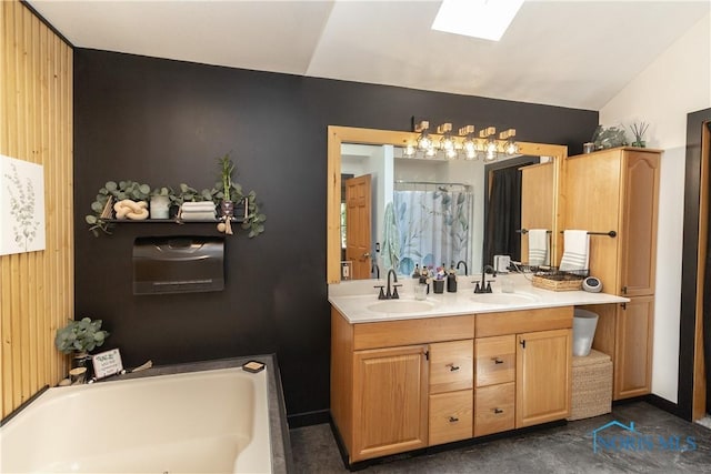 8411 Larch Rd, Toledo, OH 43617 - bathroom featuring a bath, a skylight, double vanity, lofted ceiling, and a shower with shower curtain