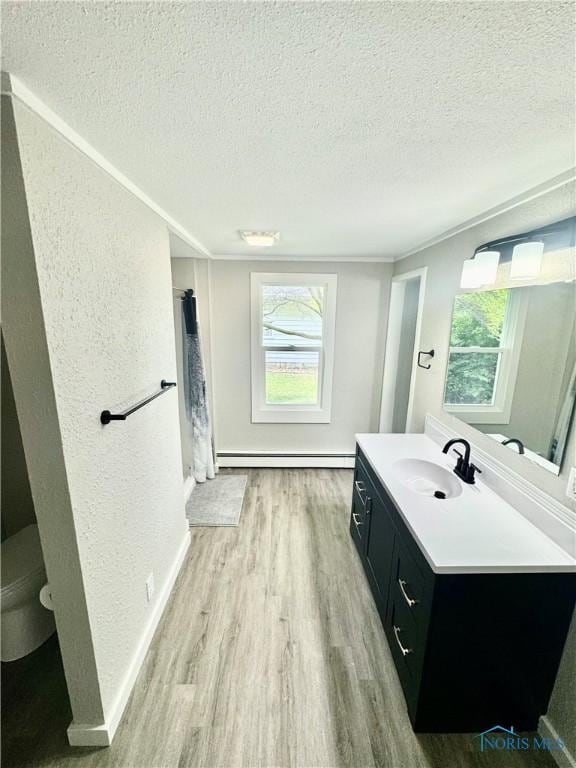 339 N E Ave, Deshler, OH 43516 - bathroom with a baseboard heating unit, a textured wall, wood finished floors, vanity, and a textured ceiling