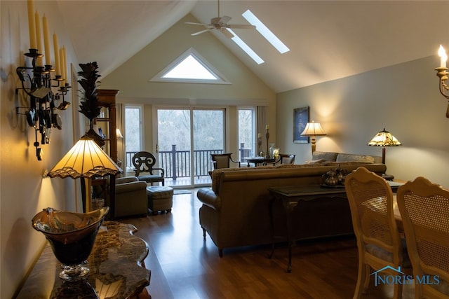 1533 Eaglebrook Rd Unit 1533, Toledo, OH 43615 - living room with high vaulted ceiling, ceiling fan, wood finished floors, and a skylight