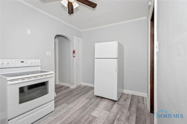2517 Montebello Rd, Toledo, OH 43607 - kitchen featuring white appliances, ornamental molding, ceiling fan, and light wood finished floors