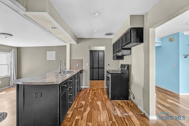 3253 Radford Dr, Toledo, OH 43614 - kitchen featuring electric stove, light wood-style floors, a peninsula, and under cabinet range hood