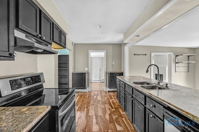 3253 Radford Dr, Toledo, OH 43614 - kitchen featuring stainless steel range with electric stovetop, under cabinet range hood, dark cabinetry, light wood-style flooring, and dishwasher
