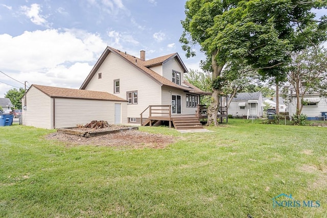 1553 Flormar Ct, Toledo, OH 43612 - rear view of property with a wooden deck, a chimney, a yard, and roof with shingles