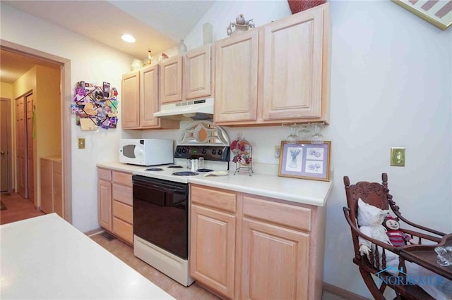 7673 Brookstone Dr Unit U7673, Findlay, OH 45840 - kitchen with electric range oven, under cabinet range hood, white microwave, light brown cabinetry, and lofted ceiling