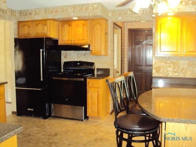 217 Lakeview Dr, Bryan, OH 43506 - kitchen featuring stainless steel range with electric stovetop, freestanding refrigerator, under cabinet range hood, a ceiling fan, and dark countertops