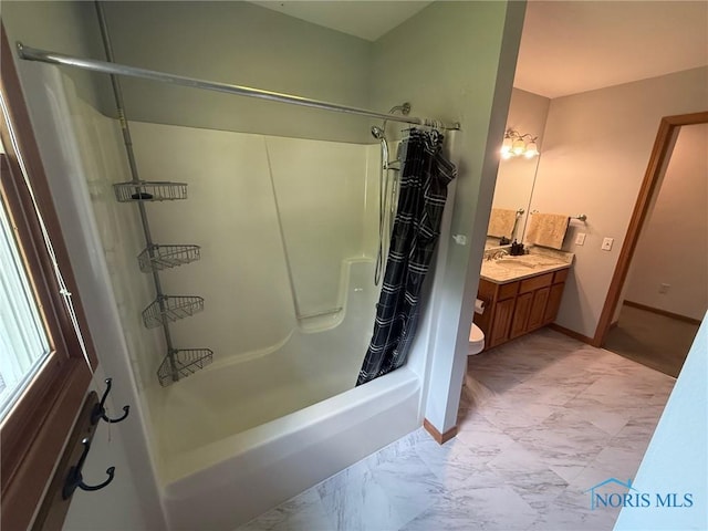 9151 Rolling Hill Rd, Holland, OH 43528 - bathroom featuring shower / bathtub combination with curtain, marble look tile flooring, and vanity