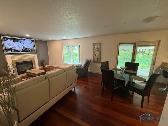 9151 Rolling Hill Rd, Holland, OH 43528 - living area with a textured ceiling, wood finished floors, a high end fireplace, and recessed lighting