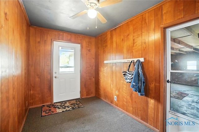 719 S Shannon St, Van Wert, OH 45891 - carpeted entryway featuring plenty of natural light, wooden walls, a ceiling fan, and ornamental molding