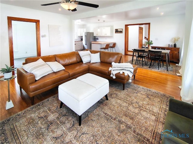 15740 Hill Rd, Defiance, OH 43512 - living area featuring light wood-style flooring, ceiling fan, and recessed lighting