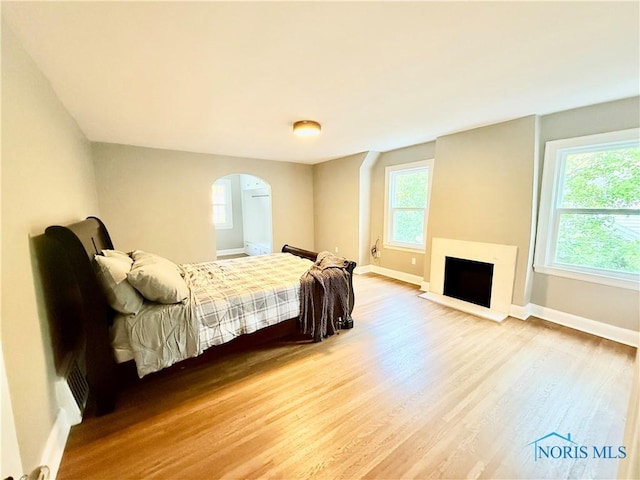 2515 Densmore Dr, Toledo, OH 43606 - bedroom featuring arched walkways, wood finished floors, and a fireplace