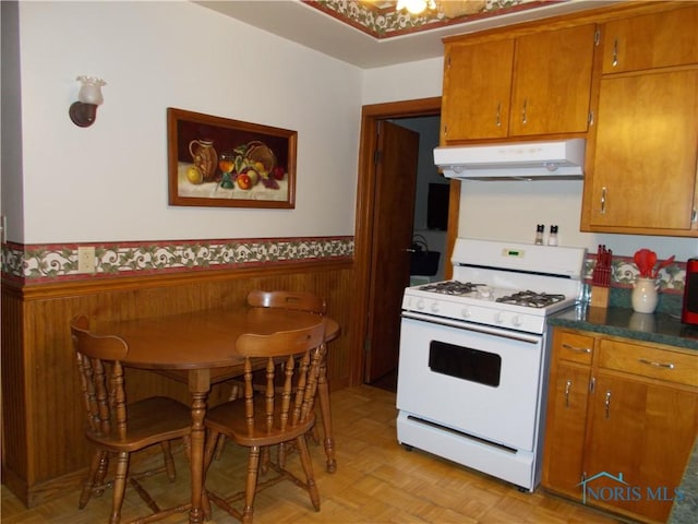 431 Fillmore St, Napoleon, OH 43545 - kitchen featuring white gas stove, a wainscoted wall, under cabinet range hood, brown cabinets, and dark countertops