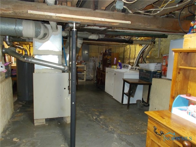 431 Fillmore St, Napoleon, OH 43545 - unfinished basement featuring washing machine and dryer, heating unit, and electric panel