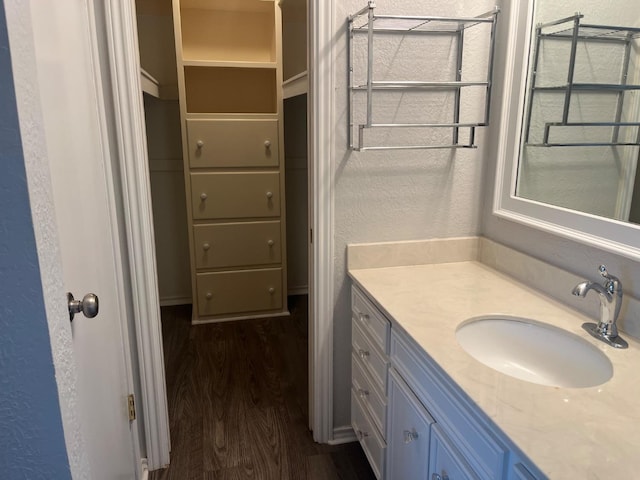 bathroom with wood-type flooring and vanity