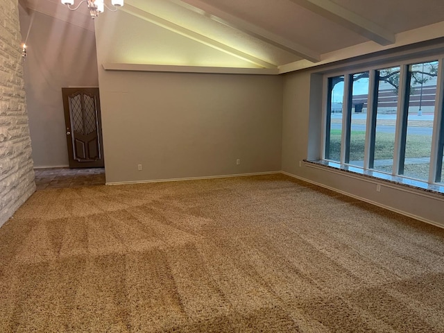 carpeted empty room with a water view, a notable chandelier, and vaulted ceiling with beams