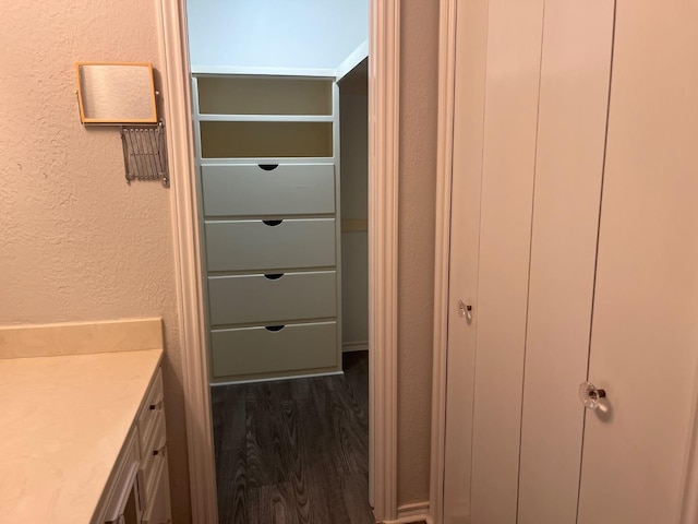 bathroom with vanity and wood-type flooring