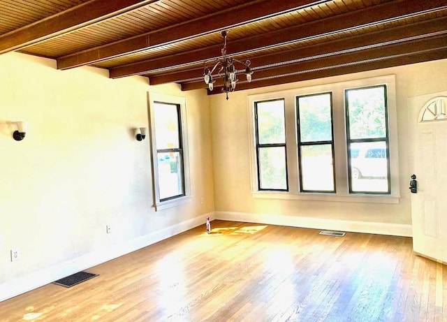 unfurnished room featuring an inviting chandelier, wood-type flooring, wooden ceiling, and beamed ceiling