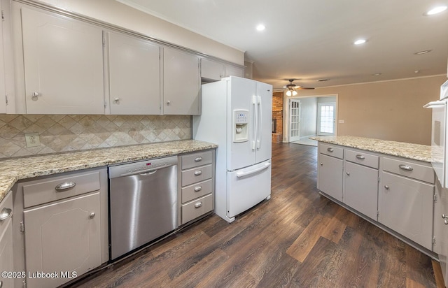3423 60th St, Lubbock, TX 79413 - kitchen featuring dishwasher, white refrigerator with ice dispenser, gray cabinets, ceiling fan, and dark wood-style flooring