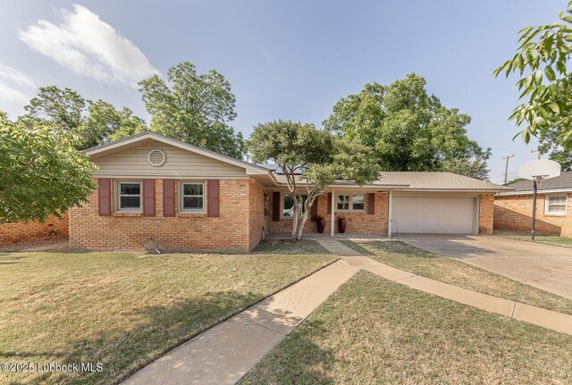3423 60th St, Lubbock, TX 79413 - ranch-style house with brick siding, an attached garage, concrete driveway, and a front yard