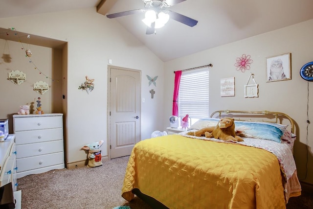 carpeted bedroom with lofted ceiling with beams and ceiling fan