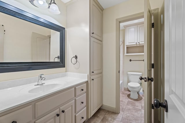 full bathroom with toilet, tile patterned floors, and vanity