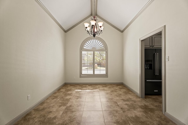 unfurnished dining area with an inviting chandelier, crown molding, vaulted ceiling with beams, and baseboards