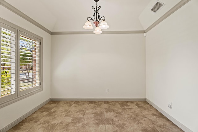 empty room featuring a chandelier, visible vents, lofted ceiling, and baseboards