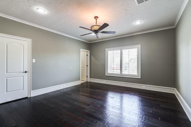 unfurnished room featuring crown molding, dark wood-type flooring, and ceiling fan